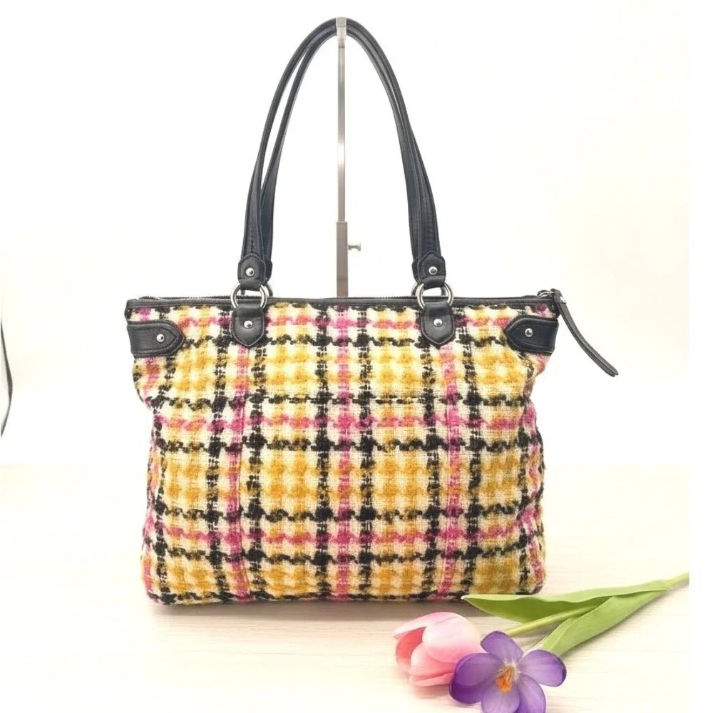 Coach Emma Wool‎ Tweed Tote F25083 Multicolor Leather Trim Shoulder Bag